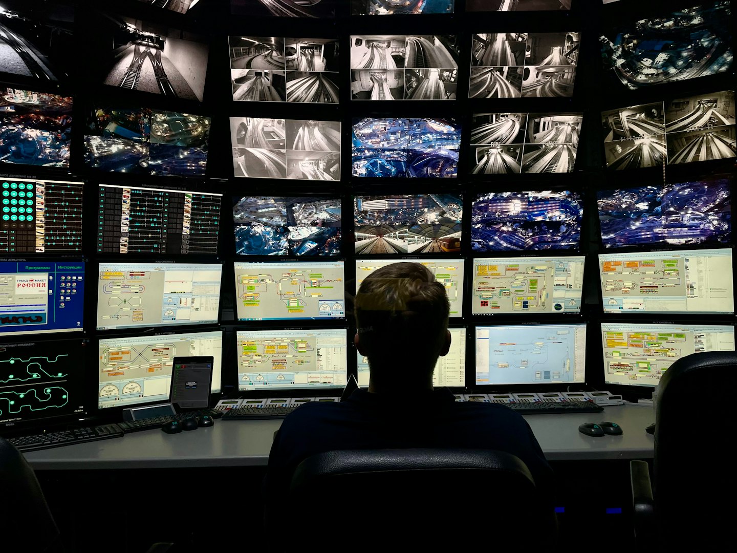 Operatore che monitora molti schermi di computer in una sala di controllo buia.